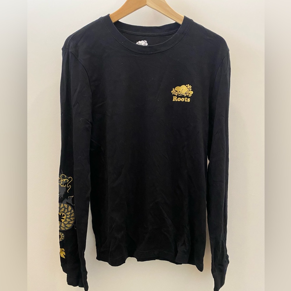 Rare Taiwan ROOTS Men's Gold Dragon Black Long Sleeve Tee